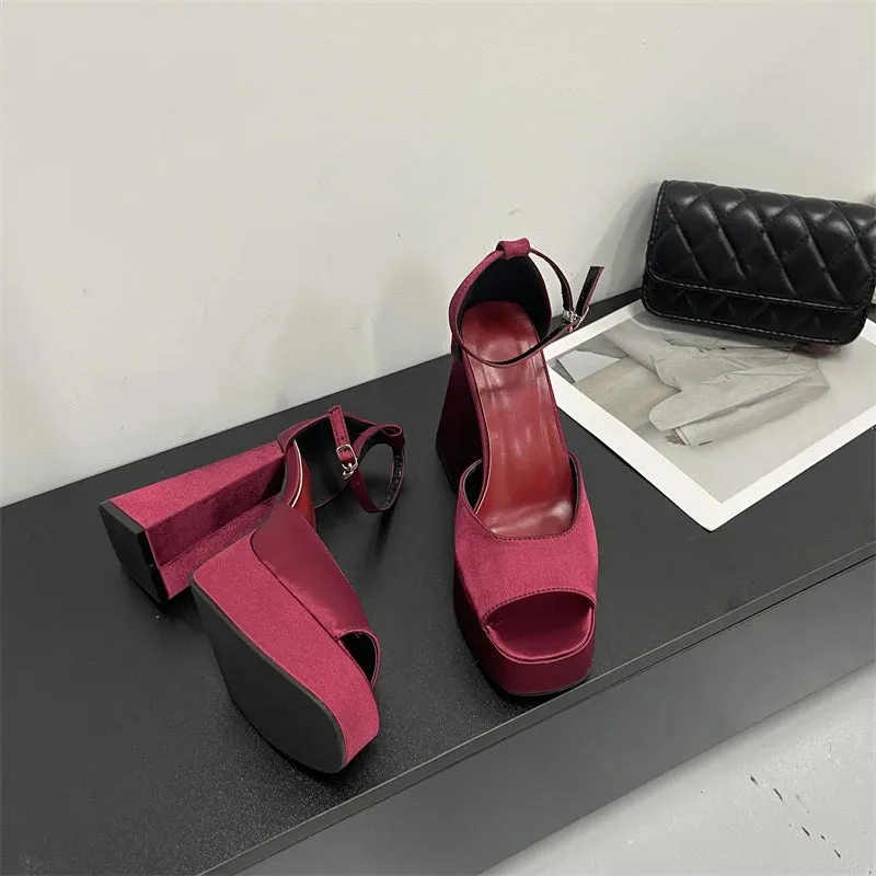 Korean Satin Thick-heeled Sandals Hollow Fish Mouth High Heels
