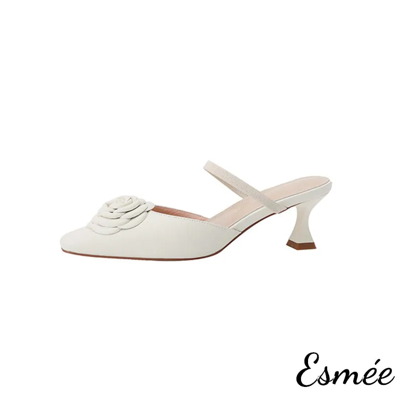 Leather High Heel Mules with Rosebud Design