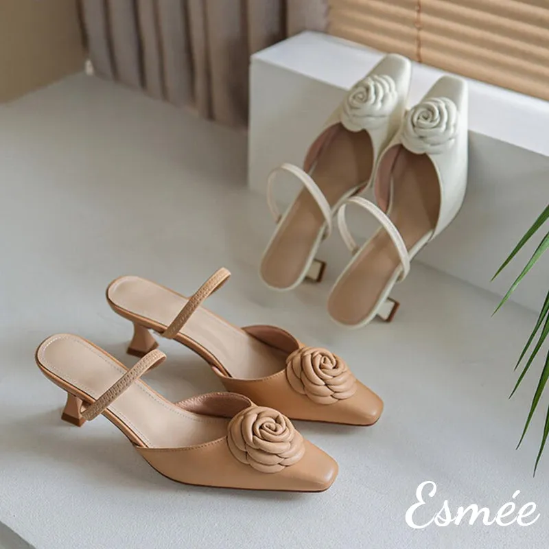 Leather High Heel Mules with Rosebud Design