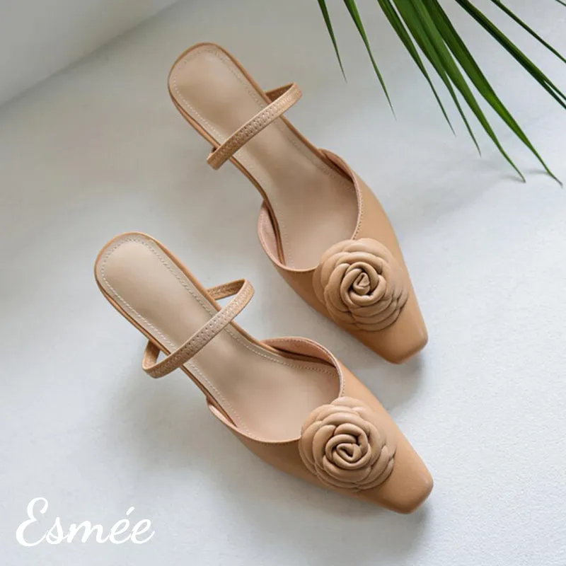 Leather High Heel Mules with Rosebud Design
