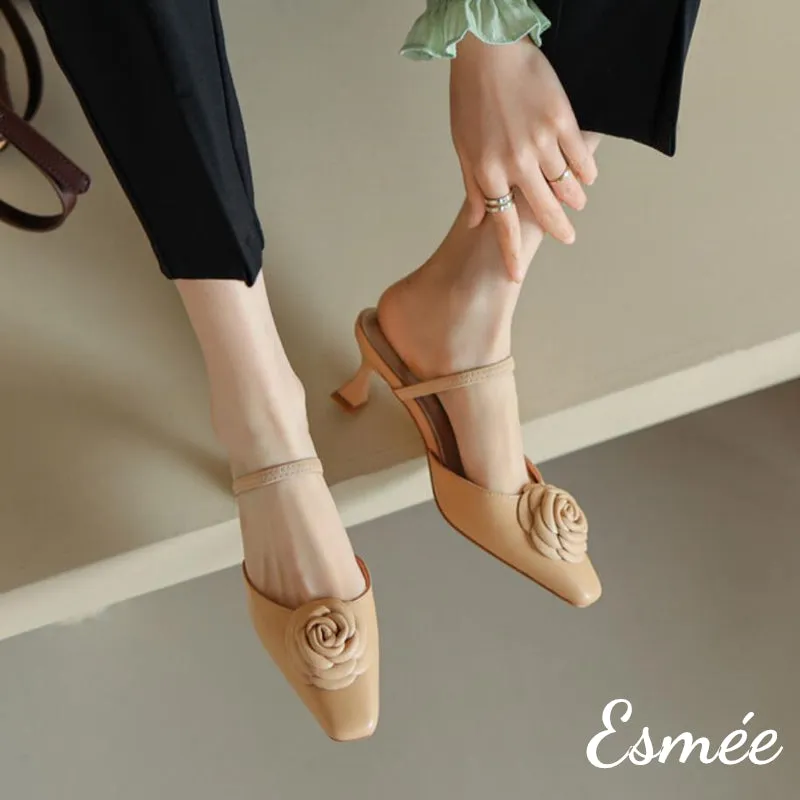Leather High Heel Mules with Rosebud Design