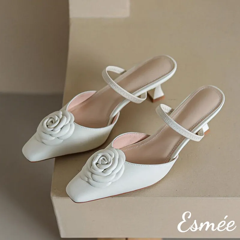 Leather High Heel Mules with Rosebud Design