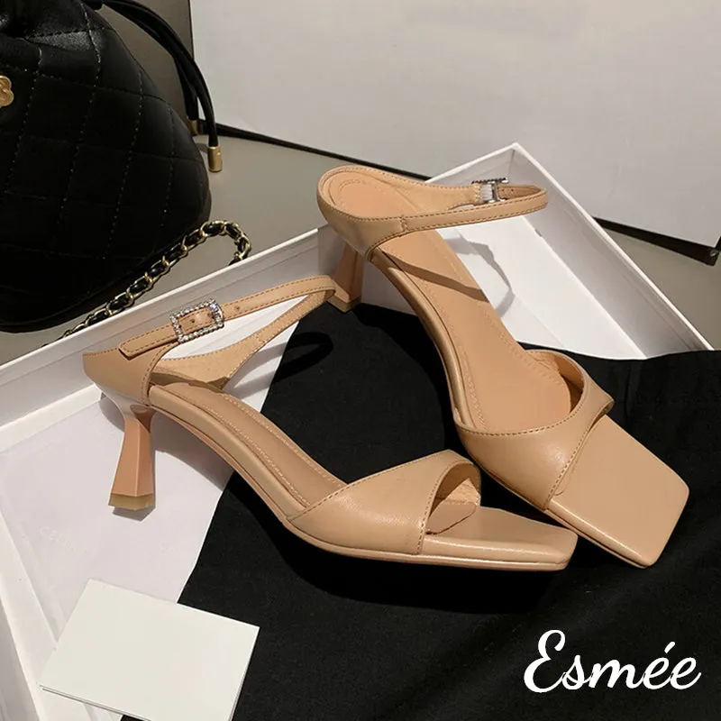 Leather High Heel Sandals with Square Toe Design