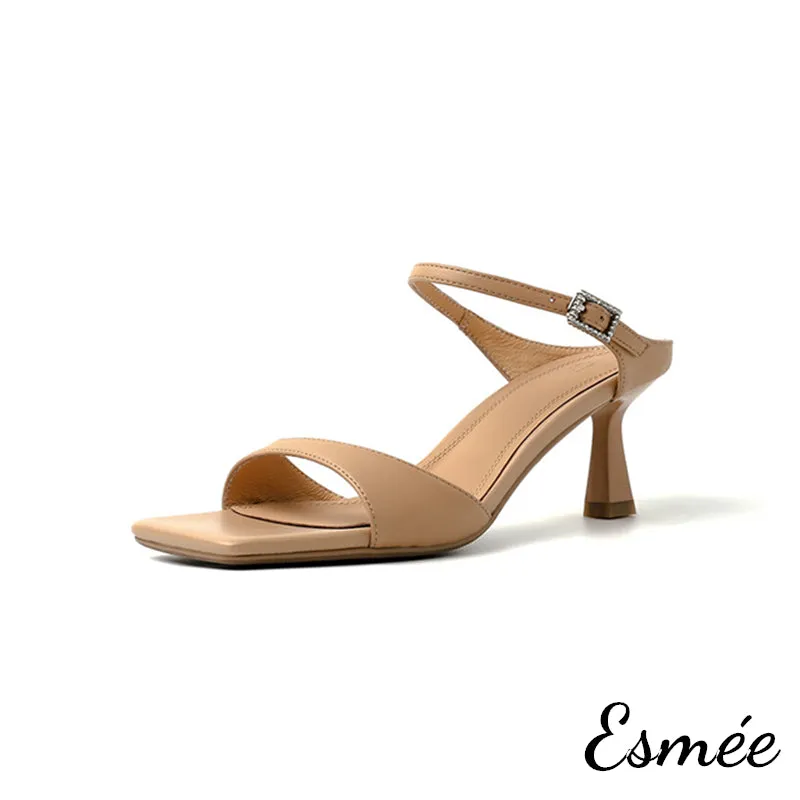 Leather High Heel Sandals with Square Toe Design