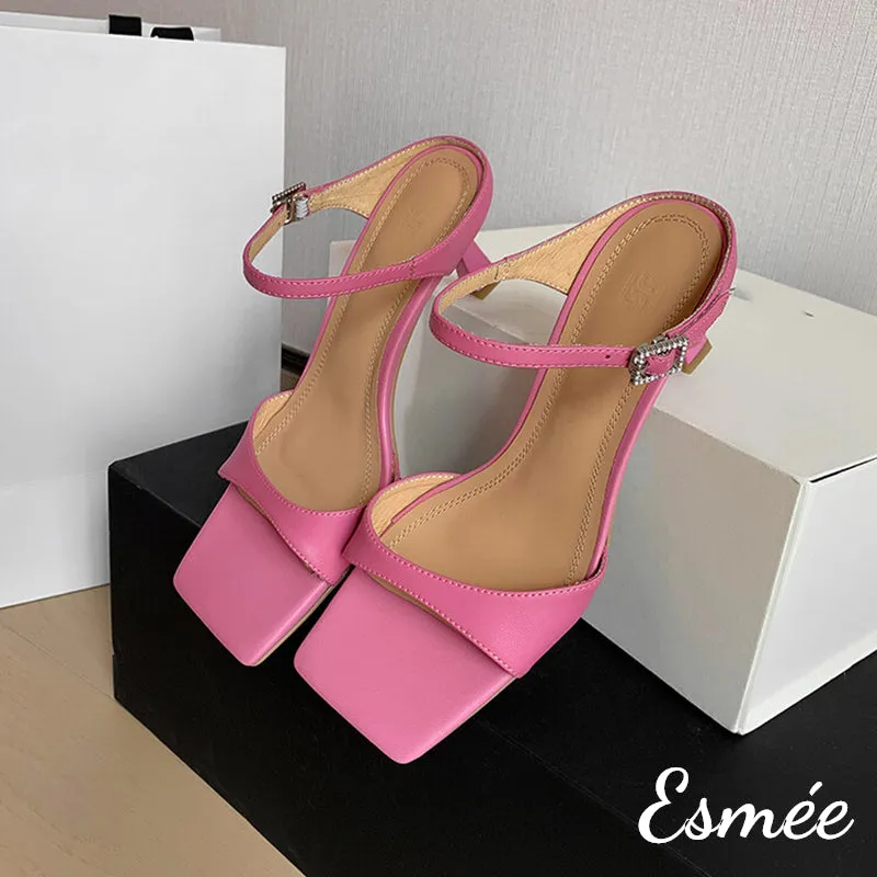 Leather High Heel Sandals with Square Toe Design