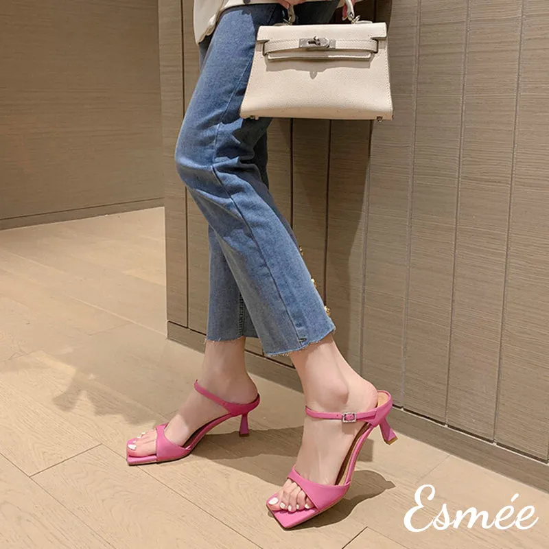 Leather High Heel Sandals with Square Toe Design