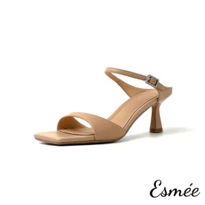 Leather High Heel Sandals with Square Toe Design