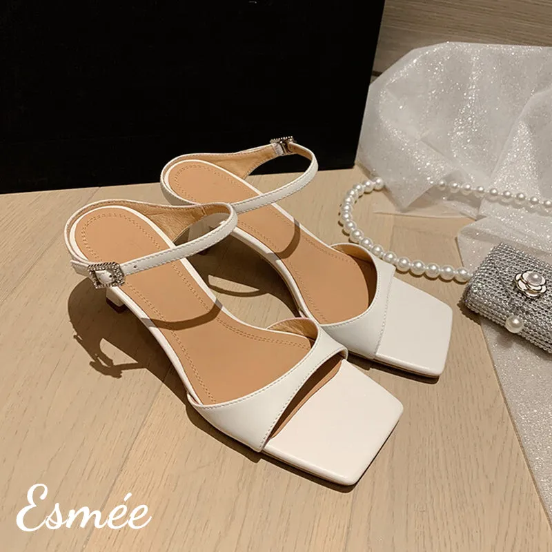 Leather High Heel Sandals with Square Toe Design