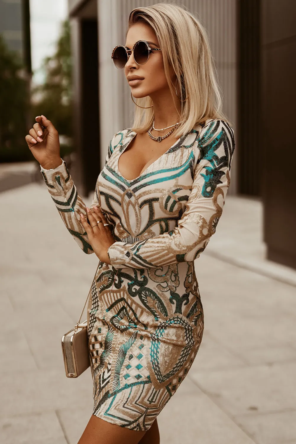 Long Sleeve Gold Sequin Club Dress