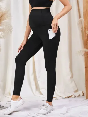 Maternity solid sports leggings with phone pocket