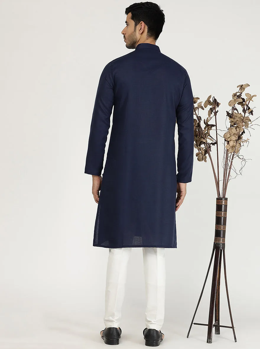 Navy Blue Solid Cotton Silk Blend Kurta for Men