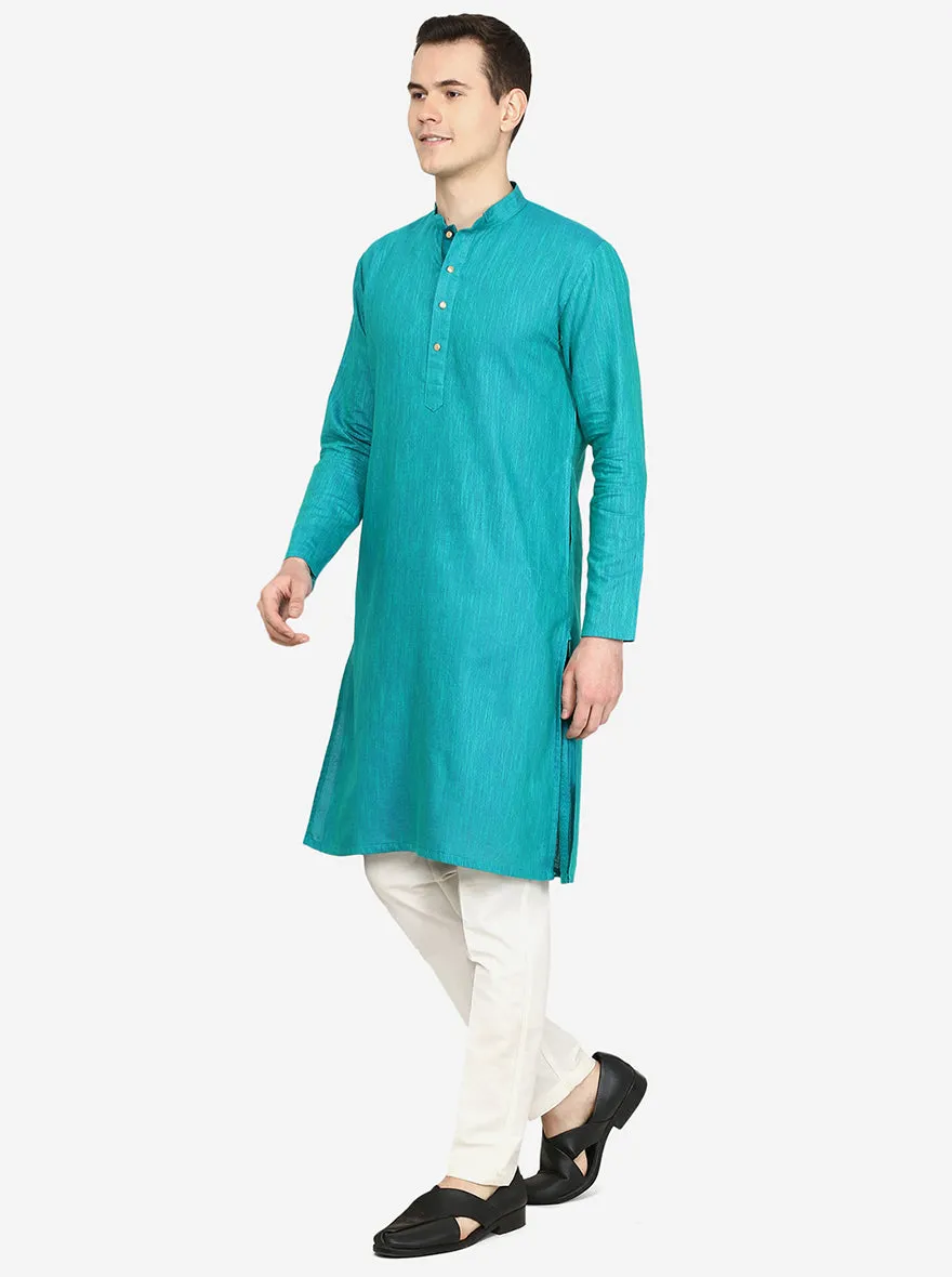 Peacock Green Printed Cotton blend Kurta for Men