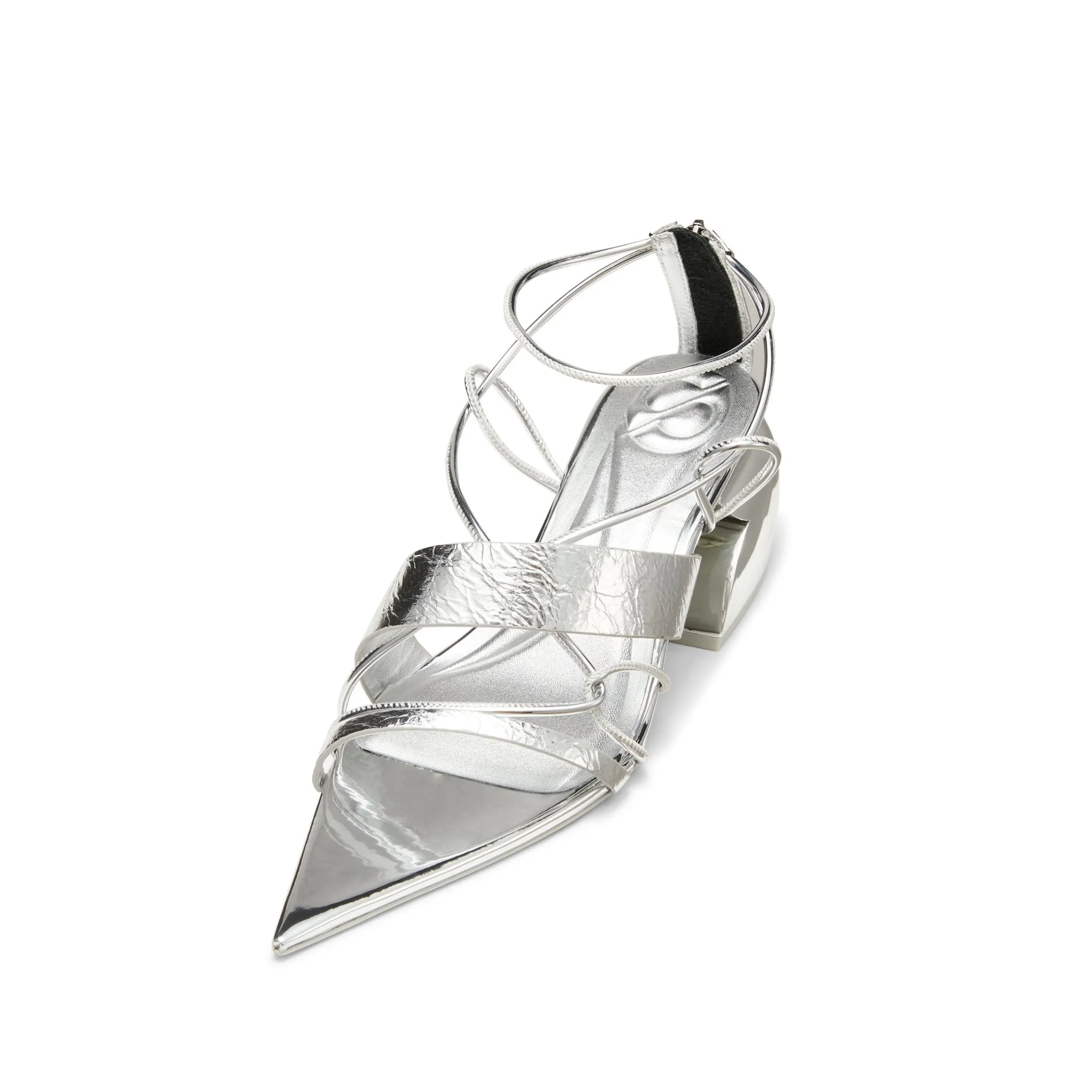Pointed-toe Cross Strap Block Heel Sandals in Silver