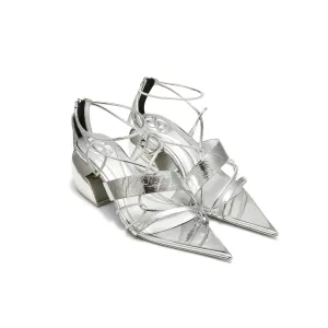 Pointed-toe Cross Strap Block Heel Sandals in Silver
