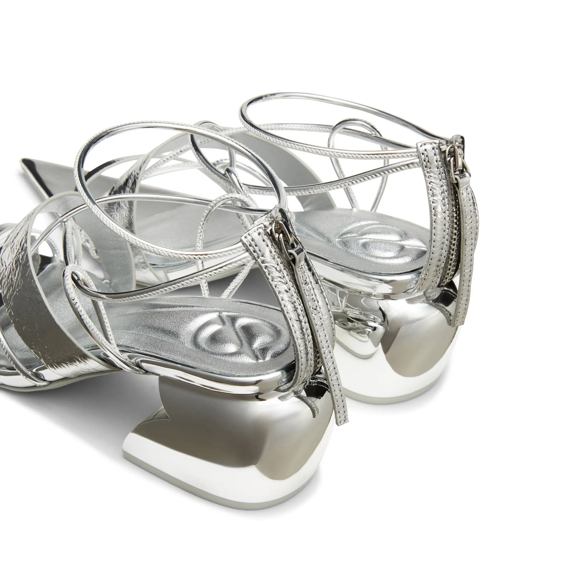 Pointed-toe Cross Strap Block Heel Sandals in Silver