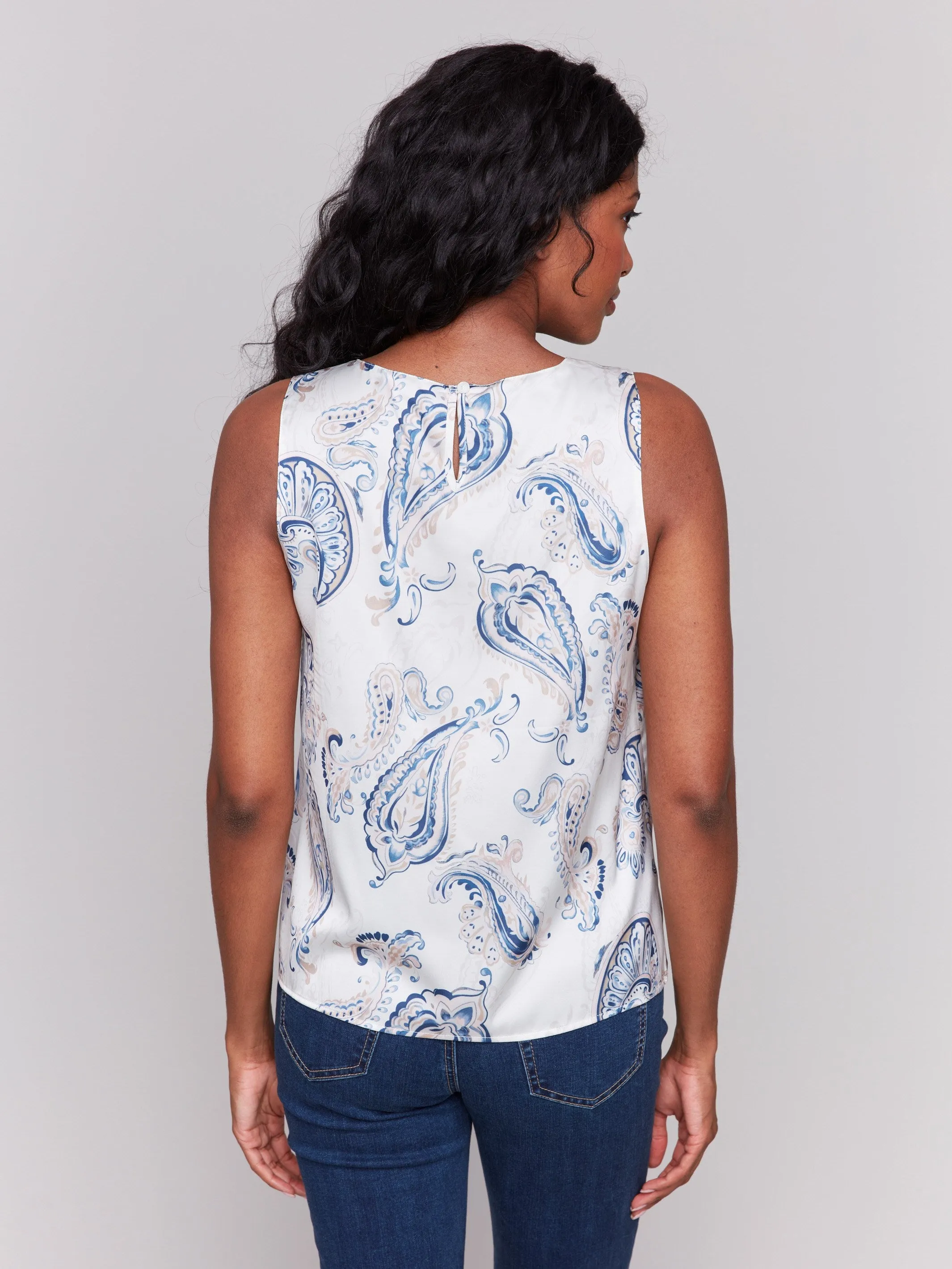 Printed Satin Sleeveless Top - Ivory