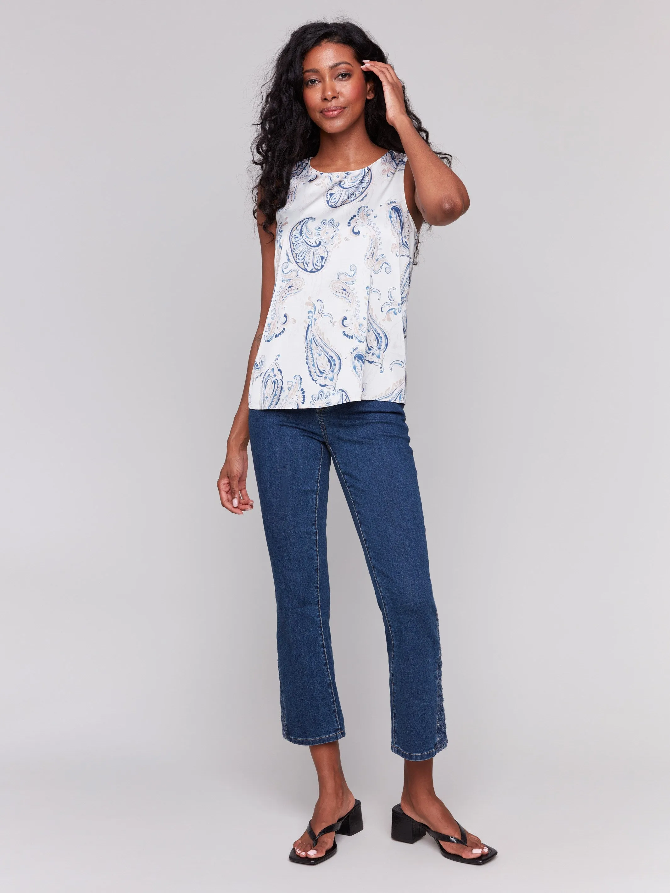 Printed Satin Sleeveless Top - Ivory