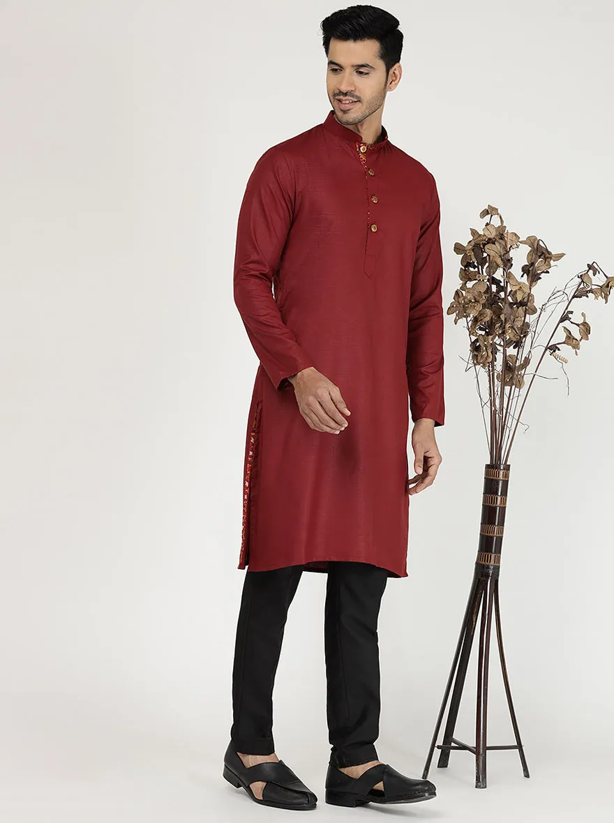 Red Solid Cotton Blend Kurta for Men