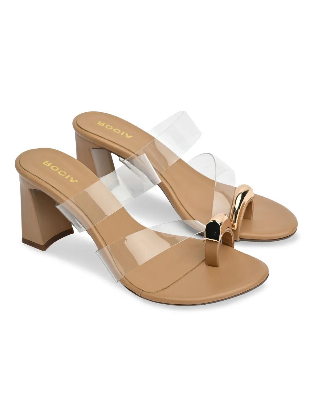 Rocia By Regal Transparent Women One Toe Gold Fitting Vinyl Block Heels