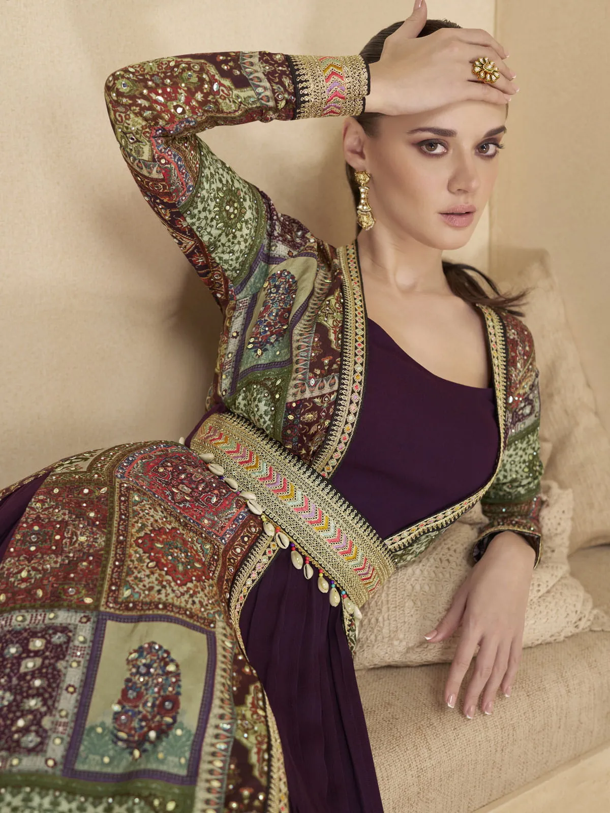 Royal Purple Embroidered Jacket Style Anarkali Gown