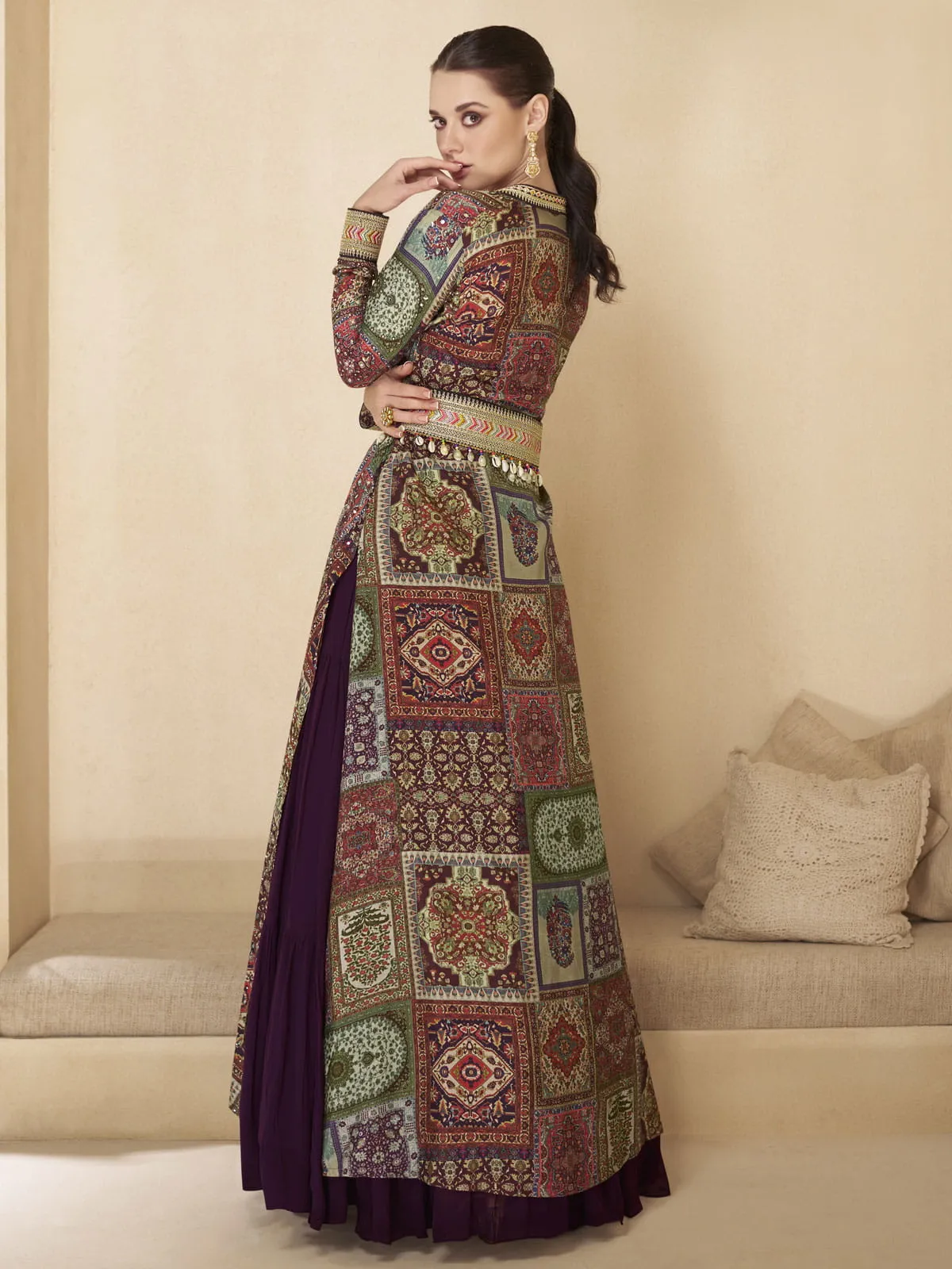 Royal Purple Embroidered Jacket Style Anarkali Gown