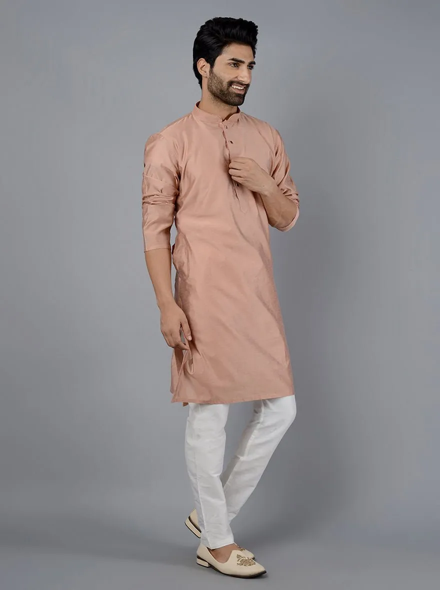 Rustic Peach Solid Cotton Blend Kurta for Men