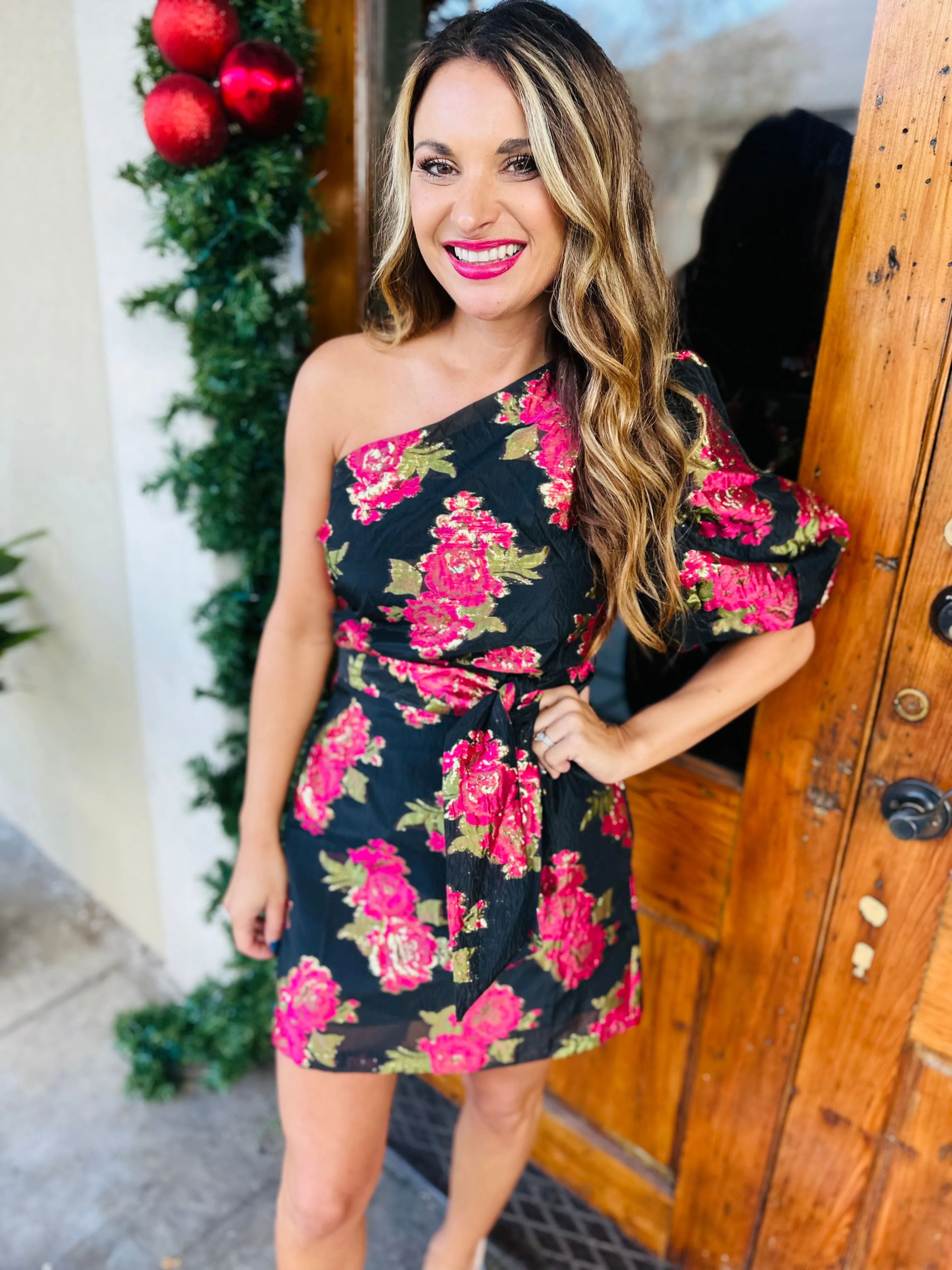 Scarlet Blossom One Shoulder Dress