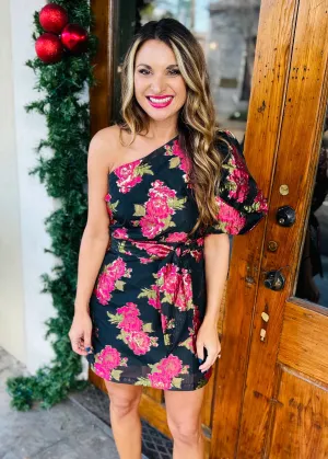 Scarlet Blossom One Shoulder Dress