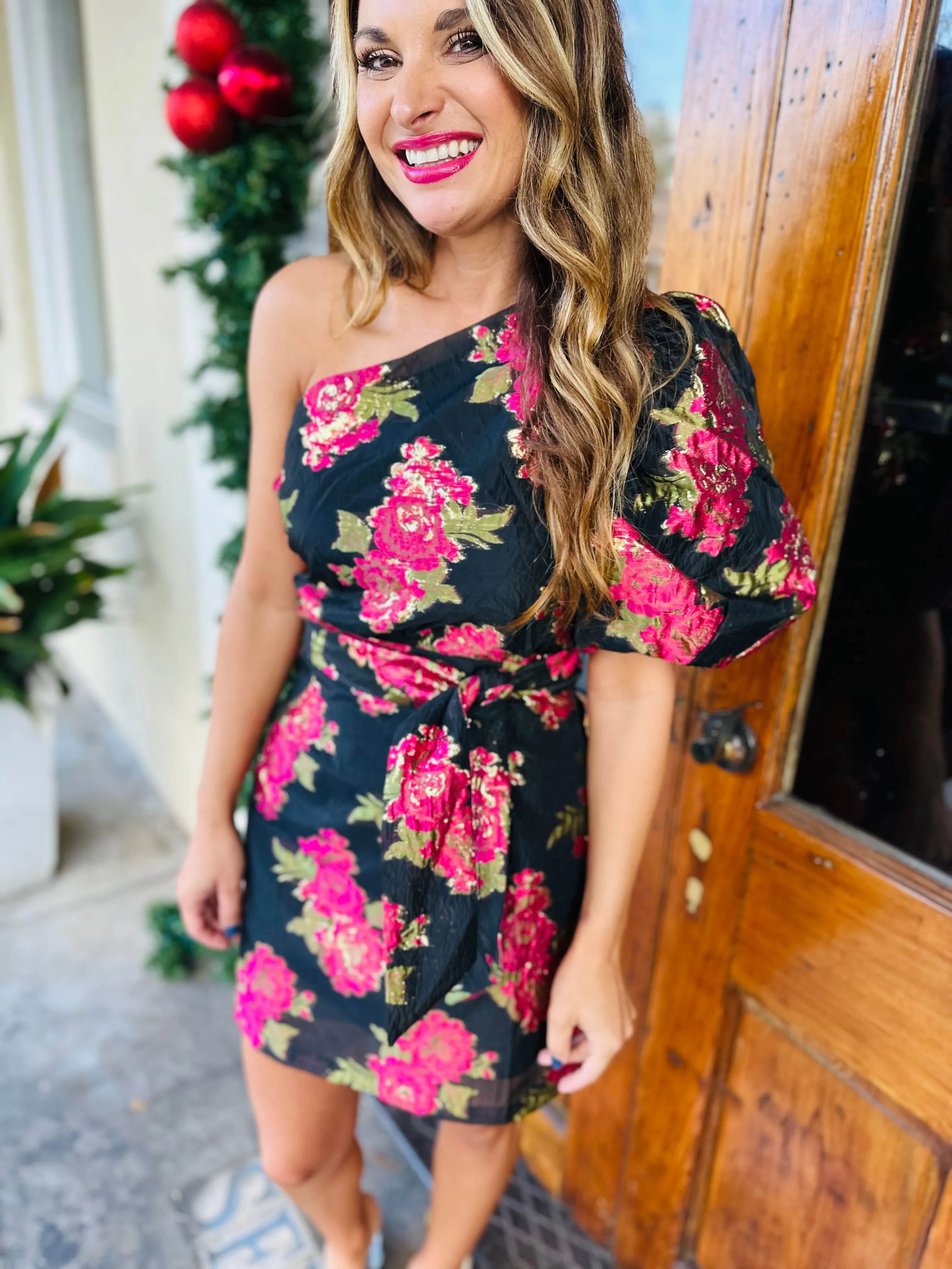 Scarlet Blossom One Shoulder Dress