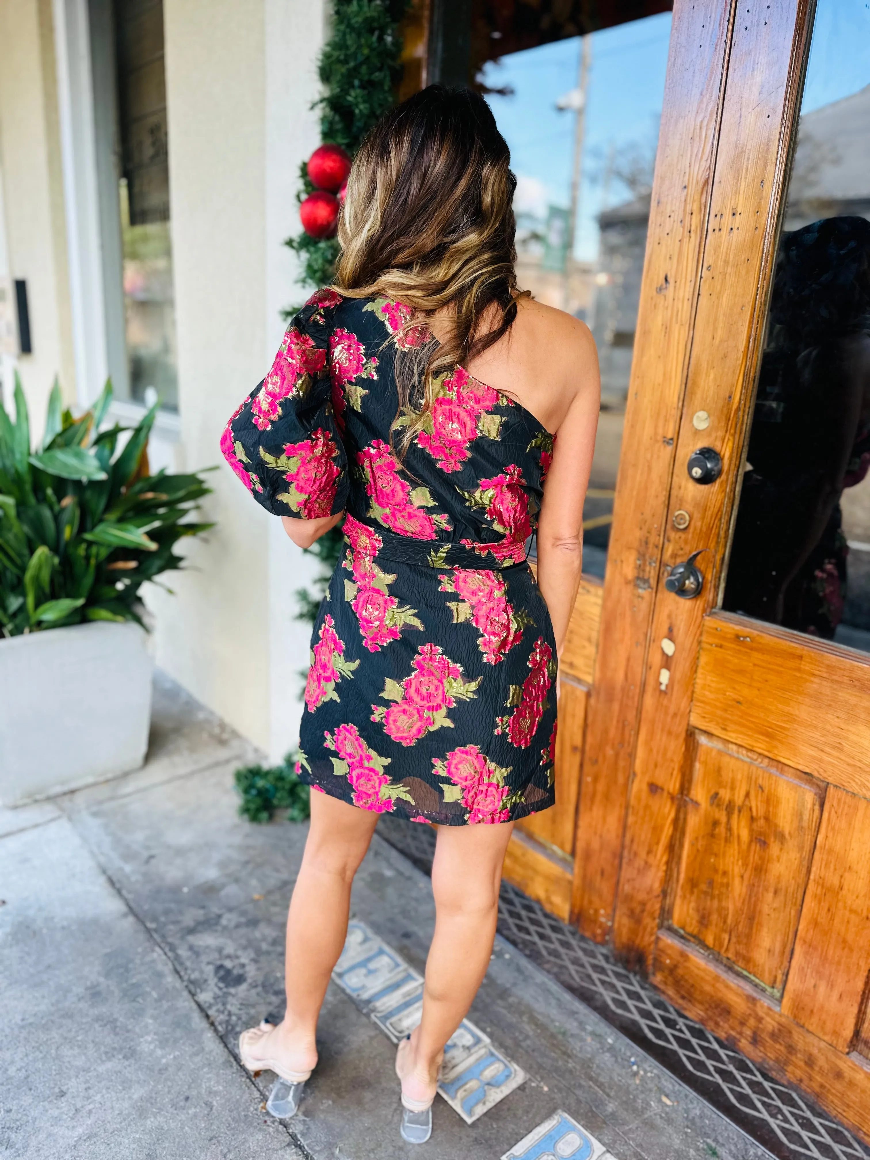 Scarlet Blossom One Shoulder Dress