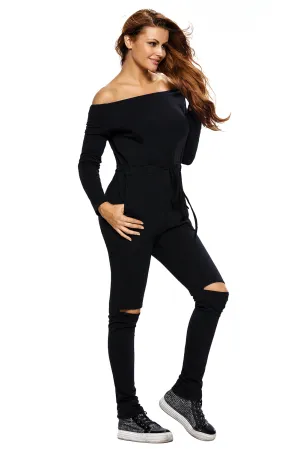 Sexy Black Knee Cutout Long Sleeve Off Shoulder Jumpsuit