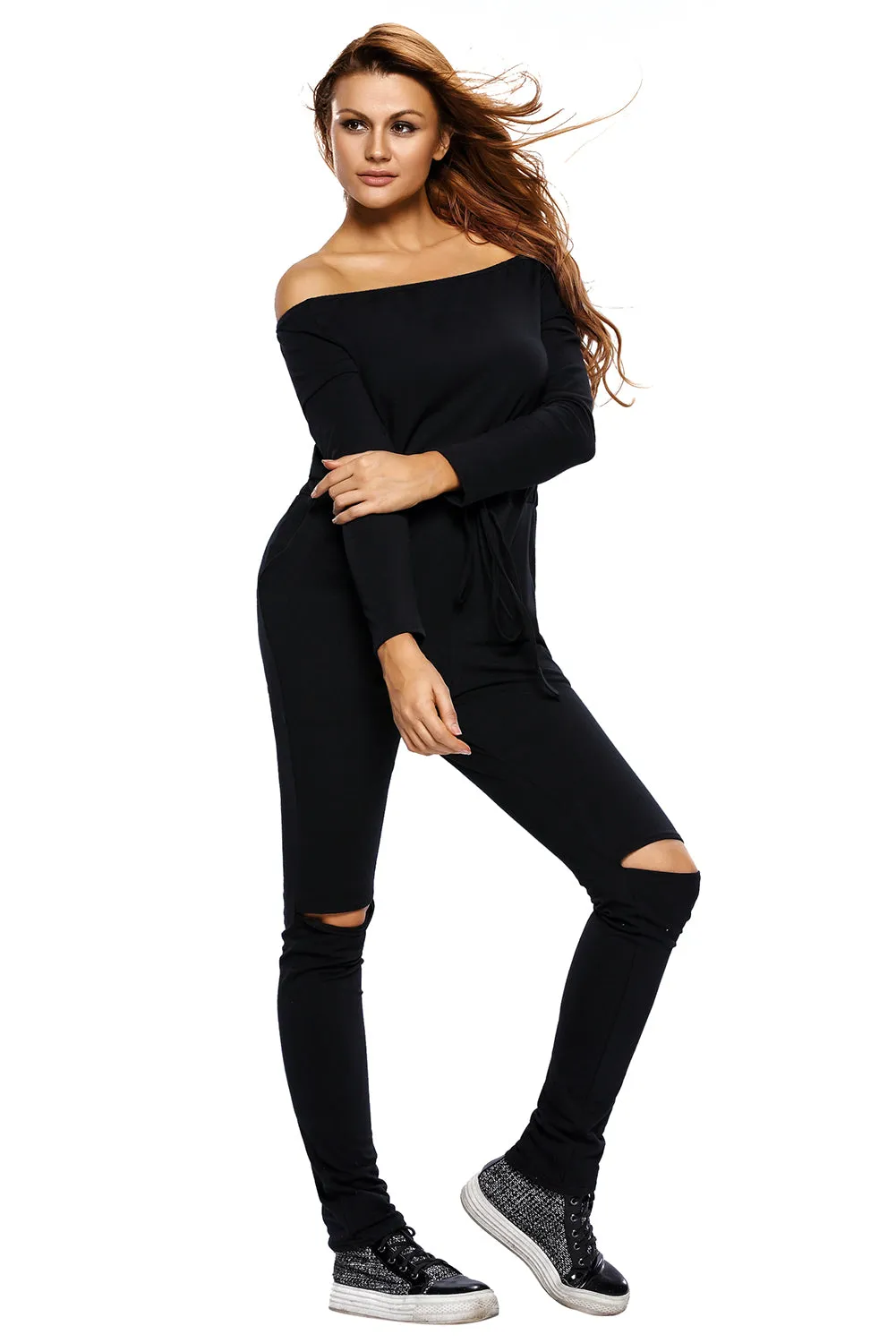 Sexy Black Knee Cutout Long Sleeve Off Shoulder Jumpsuit