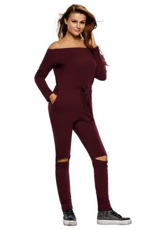 Sexy Burgundy Knee Cutout Long Sleeve Off Shoulder Jumpsuit
