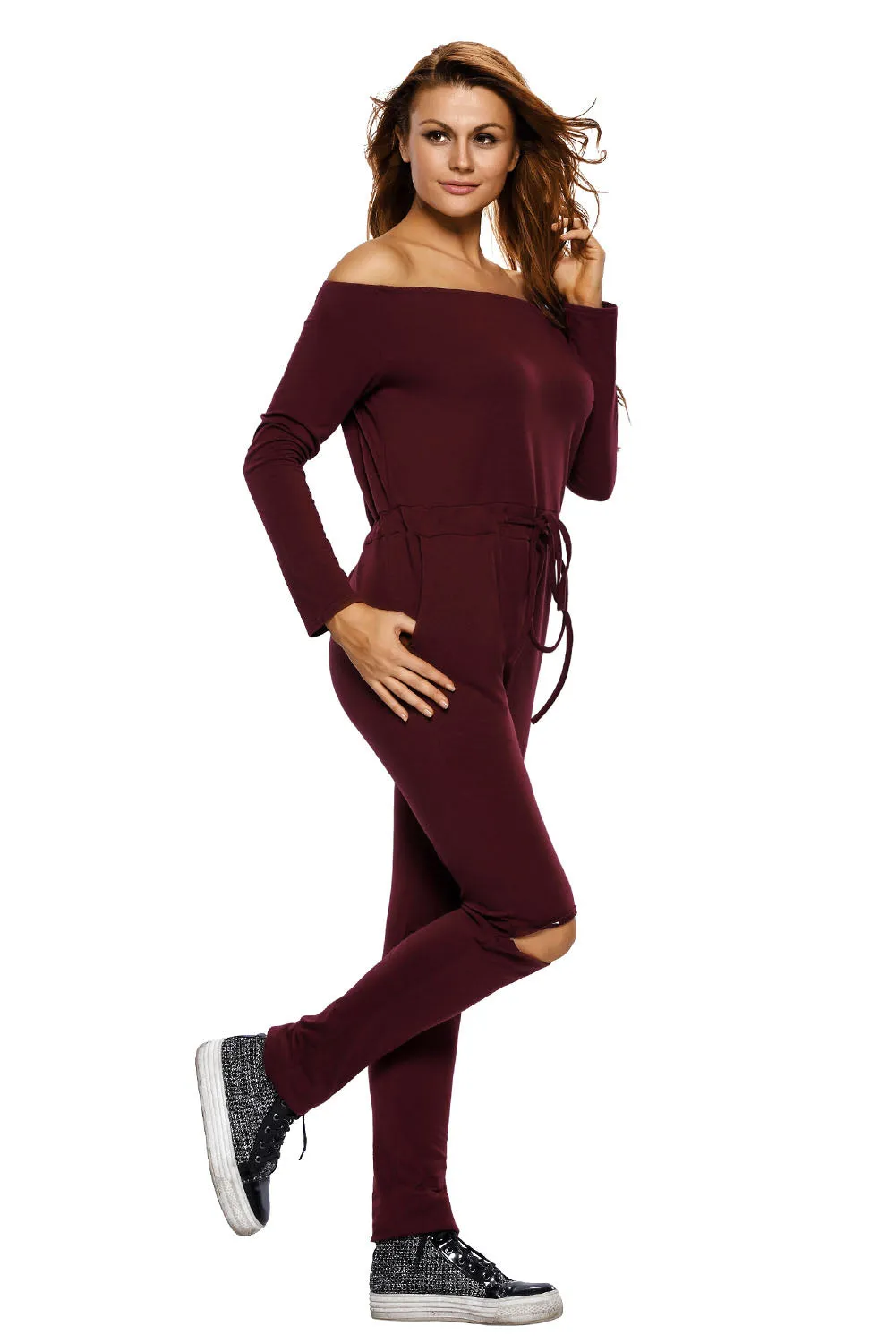 Sexy Burgundy Knee Cutout Long Sleeve Off Shoulder Jumpsuit