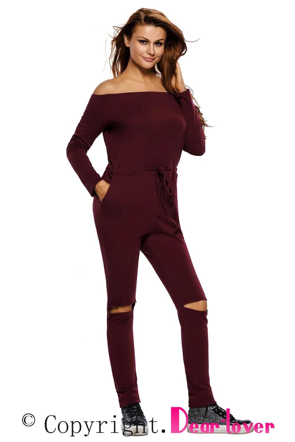 Sexy Burgundy Knee Cutout Long Sleeve Off Shoulder Jumpsuit