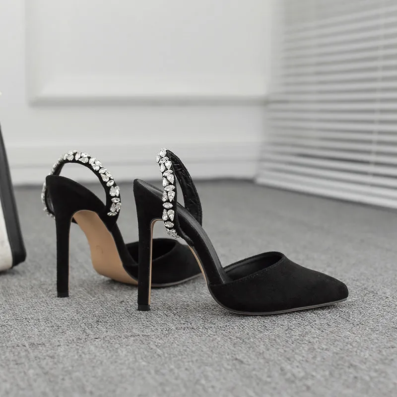Sexy Luxurious Rhinestone Embellished Patent Leather Pointed Stiletto Sandals