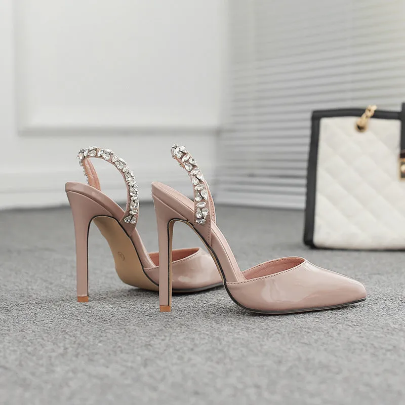 Sexy Luxurious Rhinestone Embellished Patent Leather Pointed Stiletto Sandals