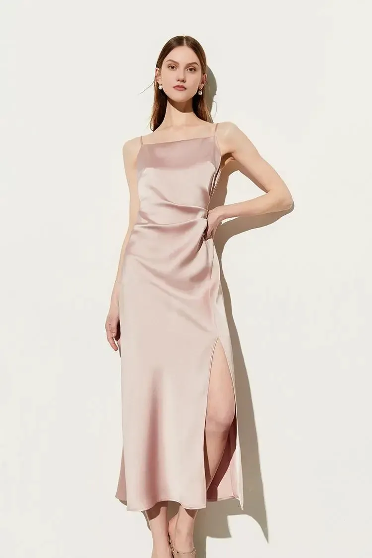 Square Neck Pink Slip Dress with Side Slit