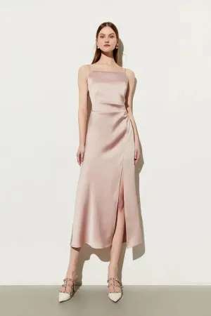 Square Neck Pink Slip Dress with Side Slit
