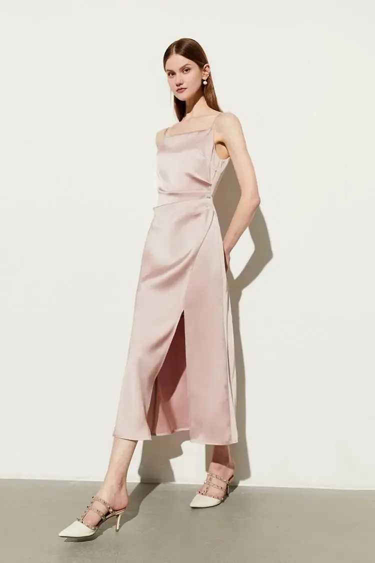 Square Neck Pink Slip Dress with Side Slit