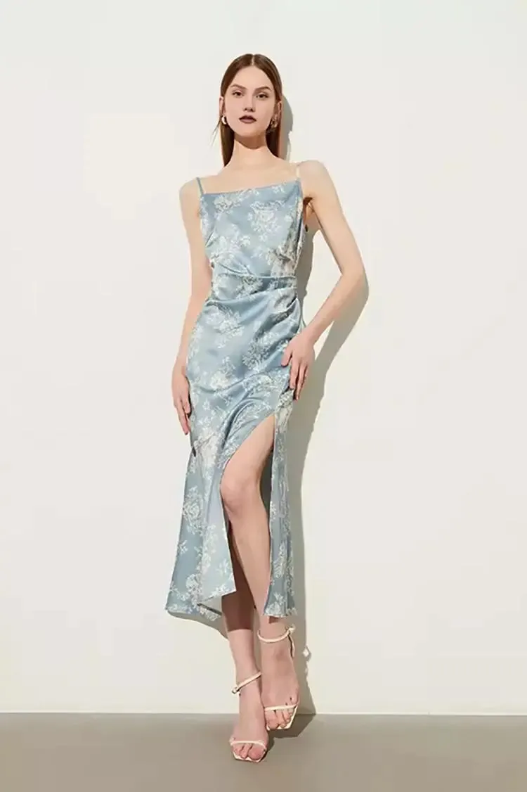 Square Neck Pink Slip Dress with Side Slit