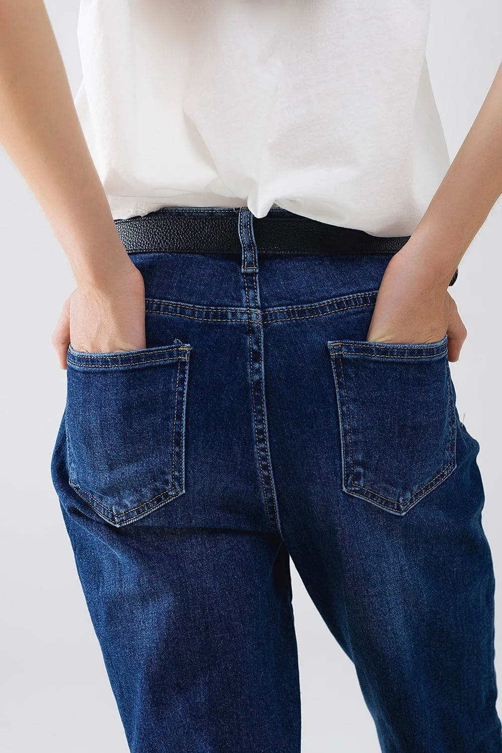 Straight Blue Jeans With Strass Front Details And Frayed Ends