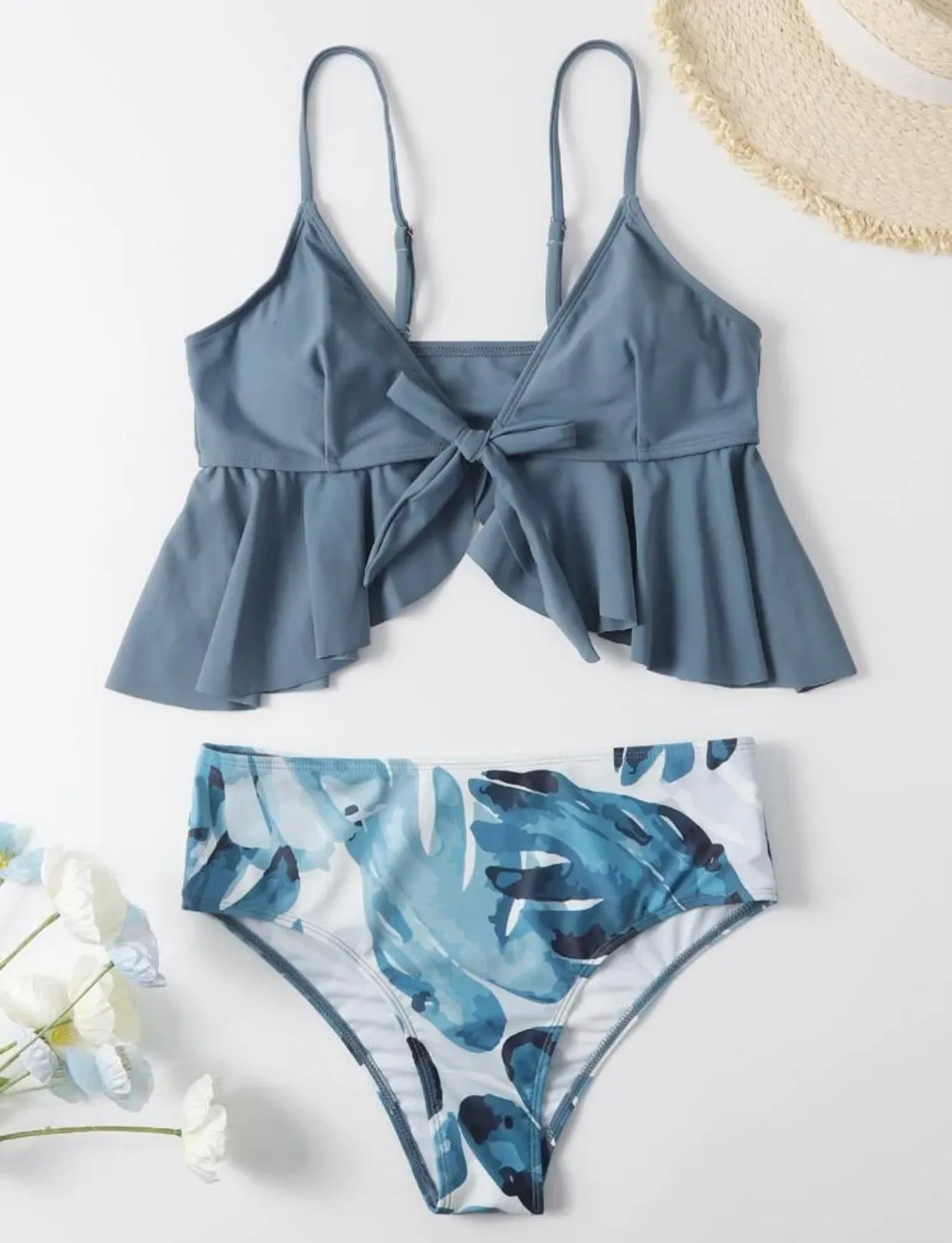 Tropical ruffle hem knot front bikini swimsuit
