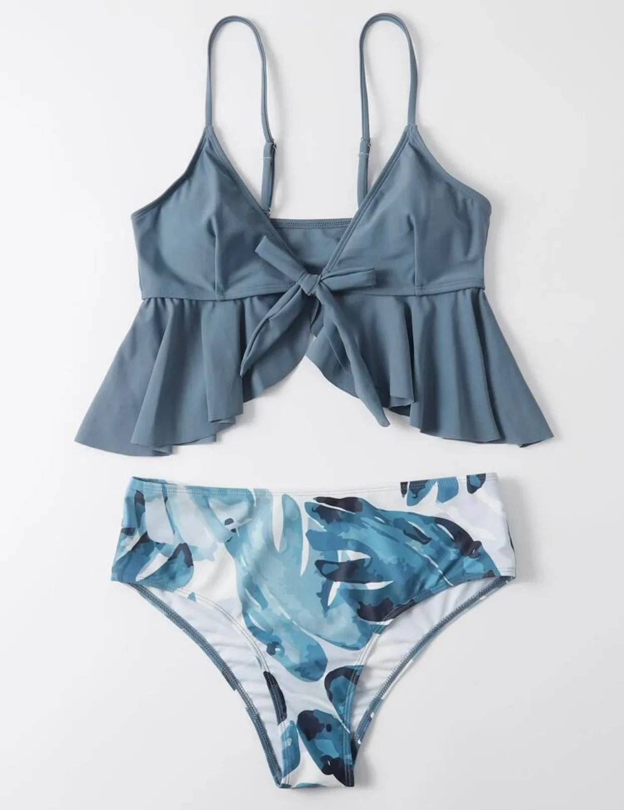 Tropical ruffle hem knot front bikini swimsuit