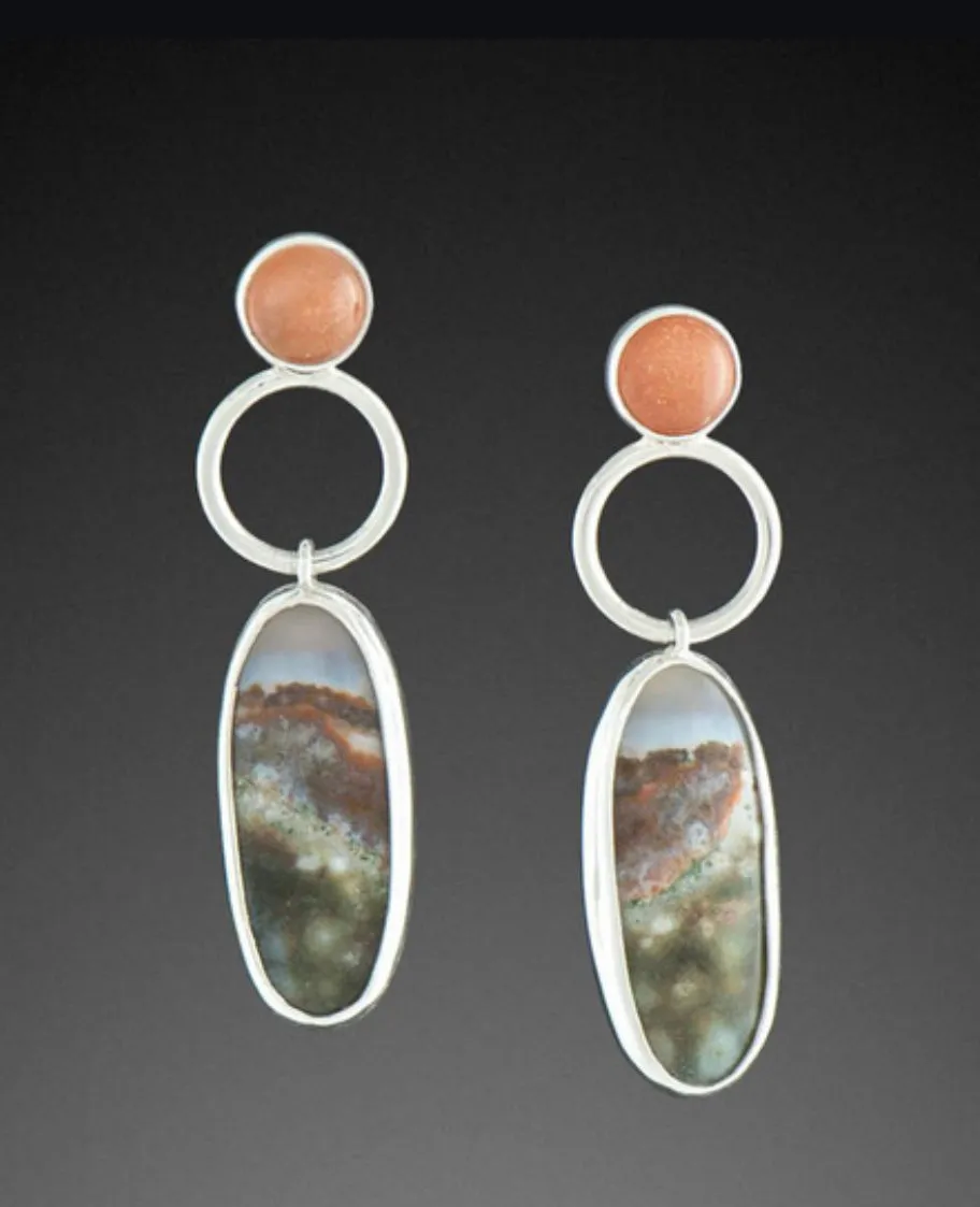Unique vintage style silver ocean jasper and sunstone dangle earrings.