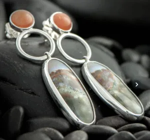 Unique vintage style silver ocean jasper and sunstone dangle earrings.