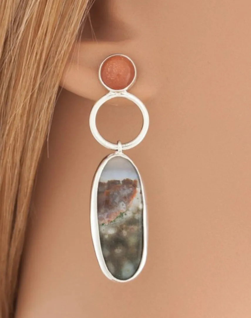 Unique vintage style silver ocean jasper and sunstone dangle earrings.