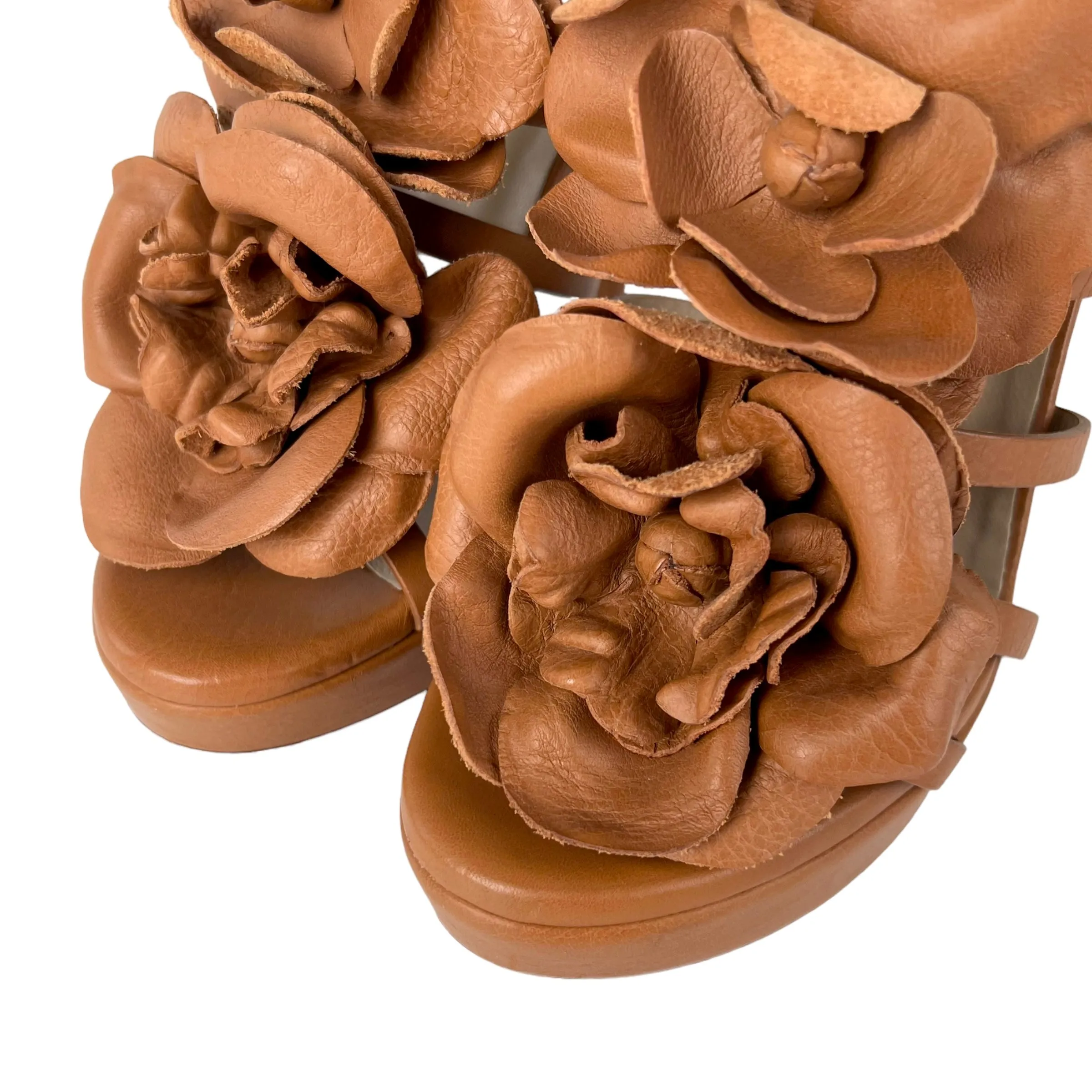 Valentino Tan Leather Flower Platform Sandal Heels