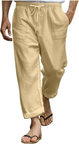 Xiaojmake Mens Cropped Elastic Waist Linen Pants Comfy Drawstring Slim with Pockets Daily Capris Pant Fashion Crop Trousers