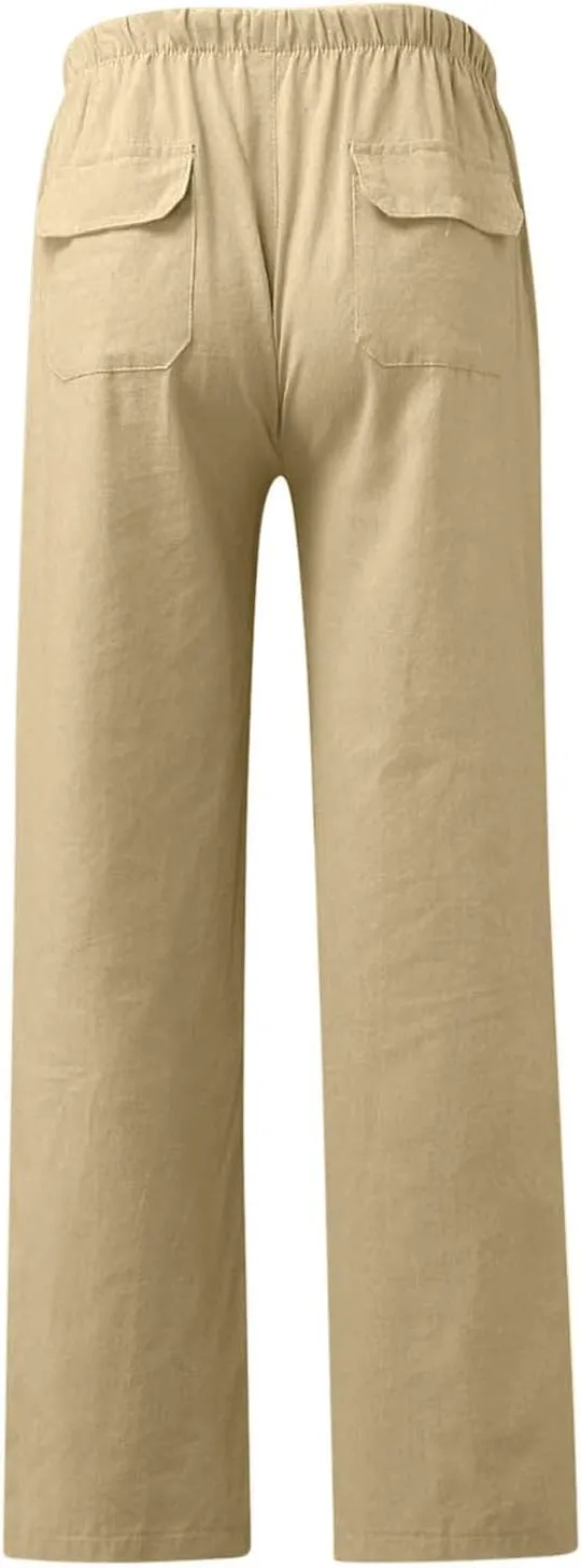 Xiaojmake Mens Cropped Elastic Waist Linen Pants Comfy Drawstring Slim with Pockets Daily Capris Pant Fashion Crop Trousers